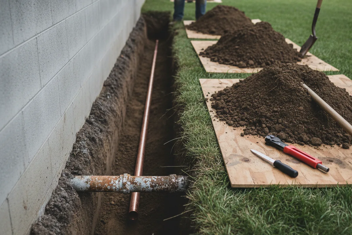 Excavated water line trench during Water Heater Repair in Canterbury